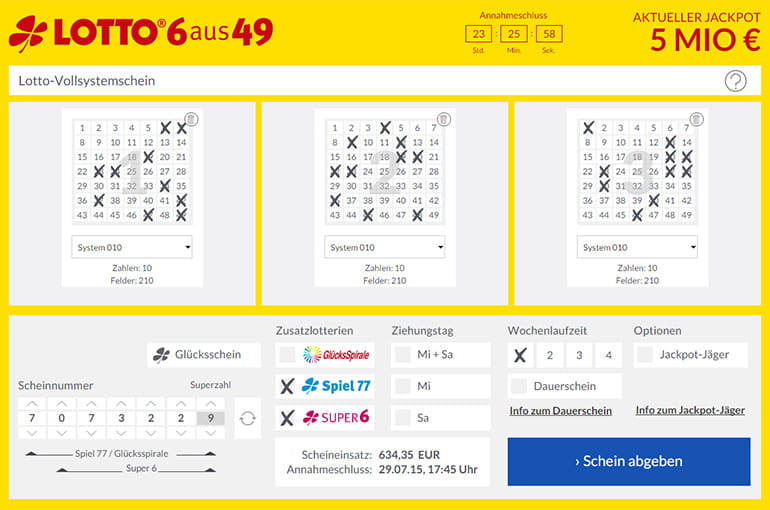 So sieht der Online Systemschein für das 6 aus 49 Lotto aus