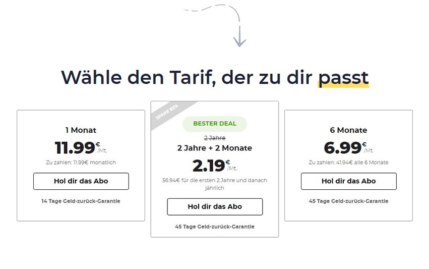 Übersicht über die Abos und Preise von CyberGhost.