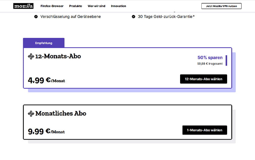 Übersicht über die Abos und Preise von Mozilla VPN.