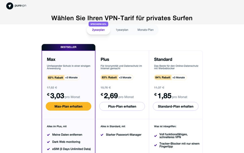 Die Tarife Standard, Plus und Max von PureVPN mit Preisen im 2-Jahres-Abo.