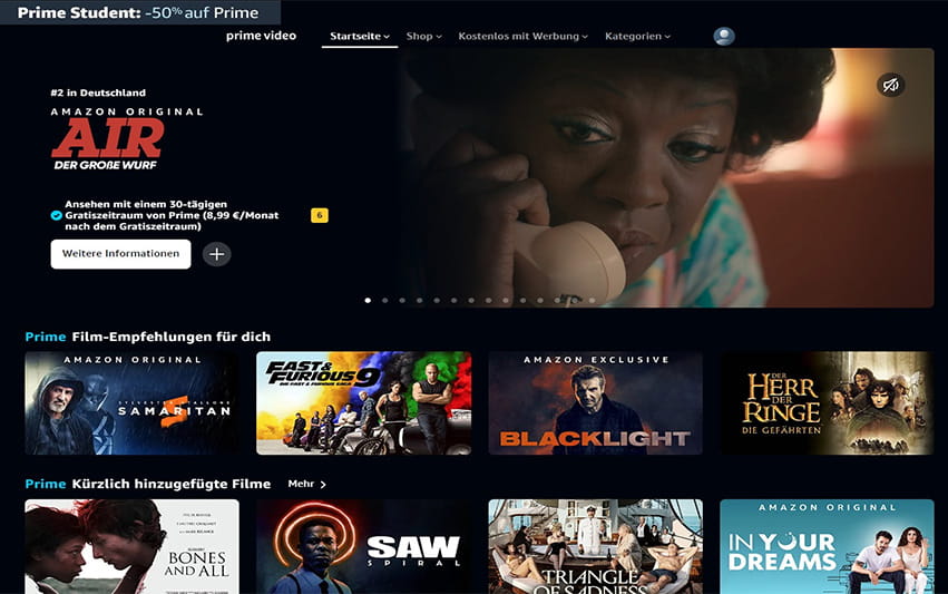 Screenshot der Amazon Prime Video Startseite