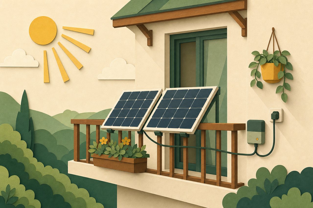 Balkon mit zwei Solarmodulen am Geländer, Stecker und Wechselrichter.