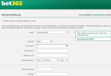 Anmeldeformular bei bet365