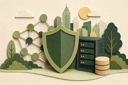 Illustration: Schutzschild vor einem vernetzten Datensystem