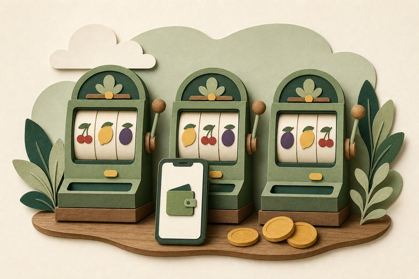 Illustration: Spielautomaten in einer Reihe und ein Smartphone mit Geldbörse