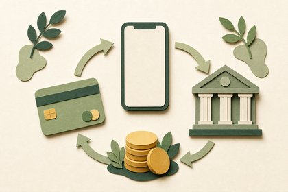 Illustration: Smartphone verbunden mit Bankkarte, Bank und Münzen
