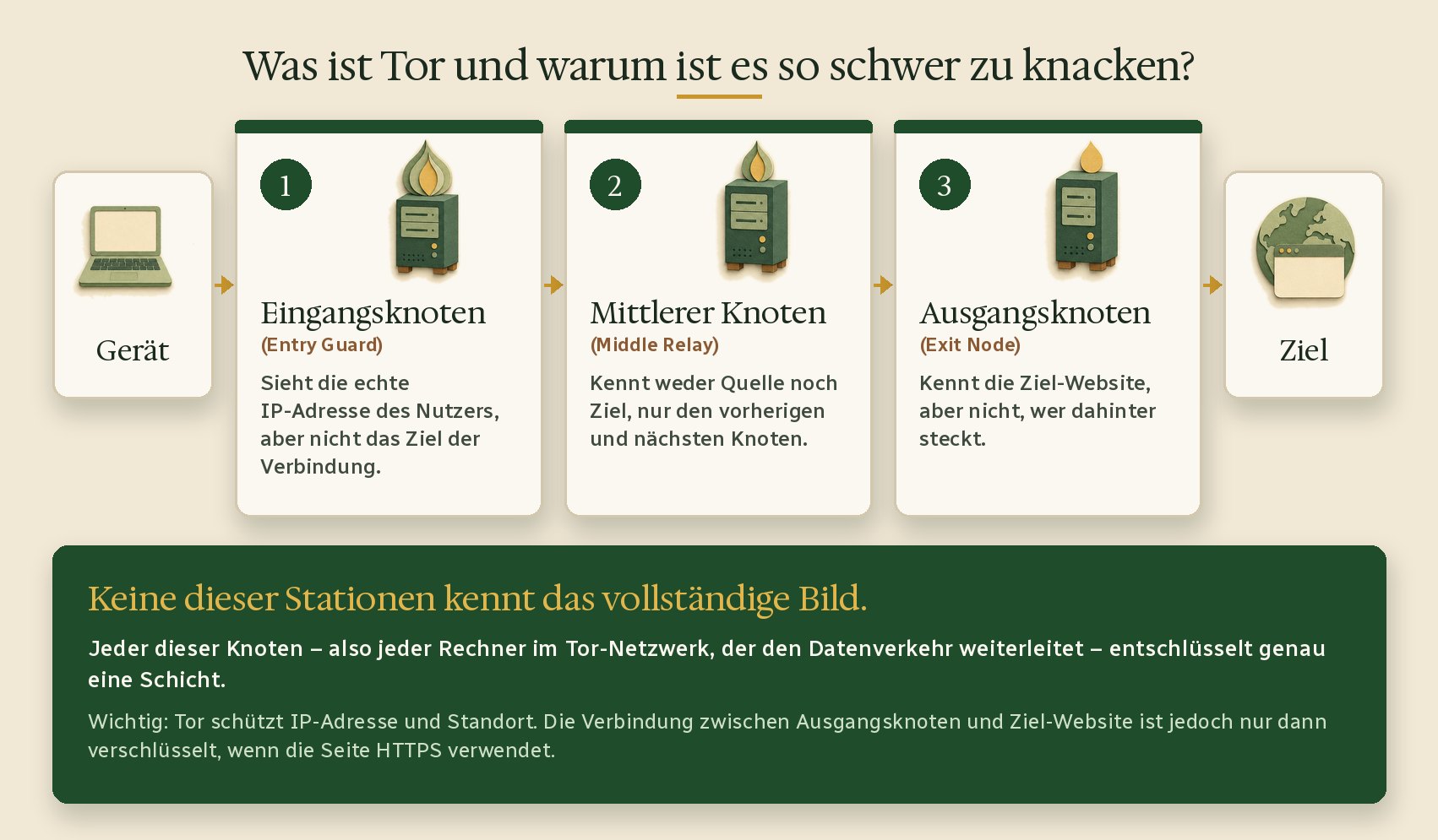 Tor: Eingangsknoten (Entry Guard), Mittlerer Knoten (Middle Relay) und Ausgangsknoten (Exit Node) zwischen Gerät und Ziel