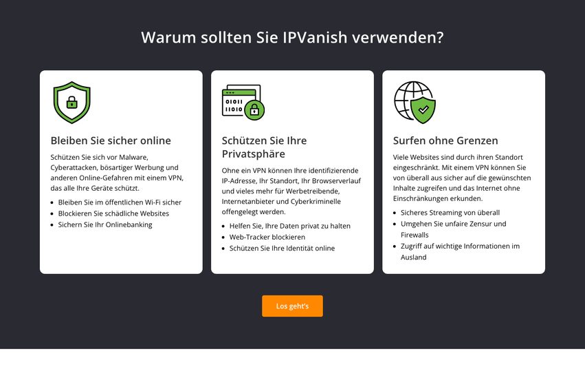 IPVanish beschreibt die Vorteile seines VPN: sicher online, Privatsphäre, Surfen ohne Grenzen.