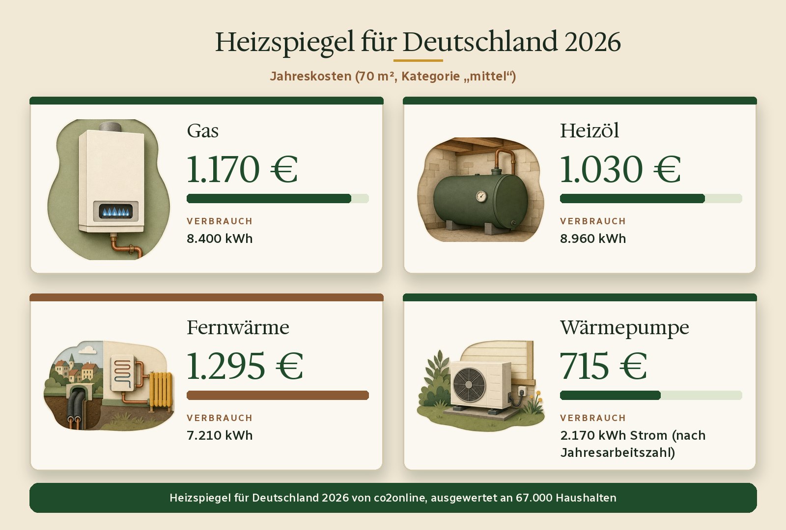Heizspiegel für Deutschland 2026: Jahreskosten Gas, Heizöl, Fernwärme und Wärmepumpe