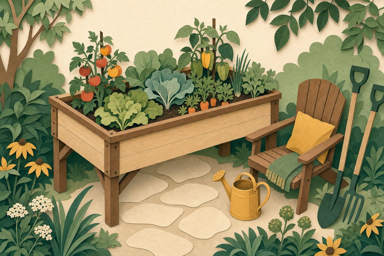 Hochbeet in Tischhöhe im Garten, daneben ein Gartenstuhl und Werkzeug mit langen Griffen.