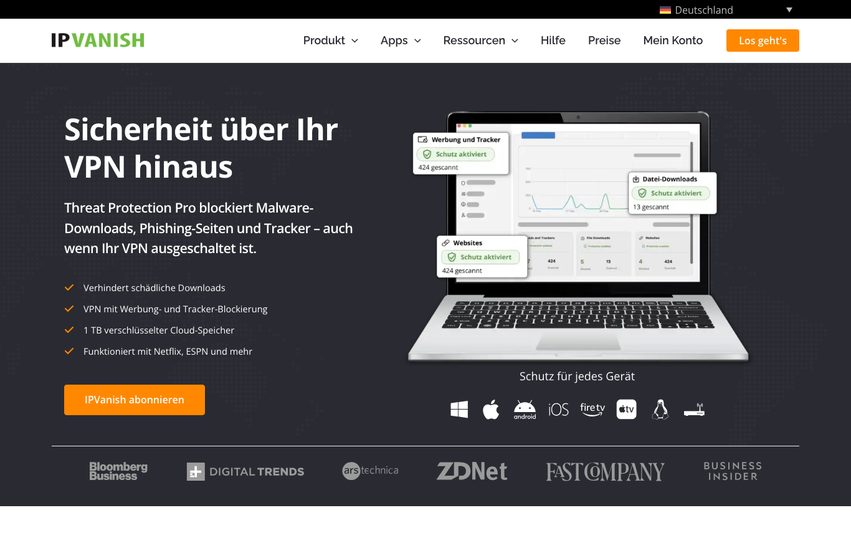 Startseite von IPVanish mit Threat Protection Pro und den unterstützten Geräten.