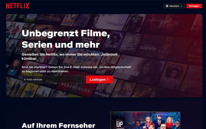 Screenshot der Netflix Startseite