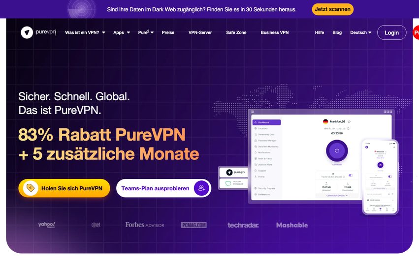 Startseite von PureVPN mit dem Dashboard der Desktop-App.