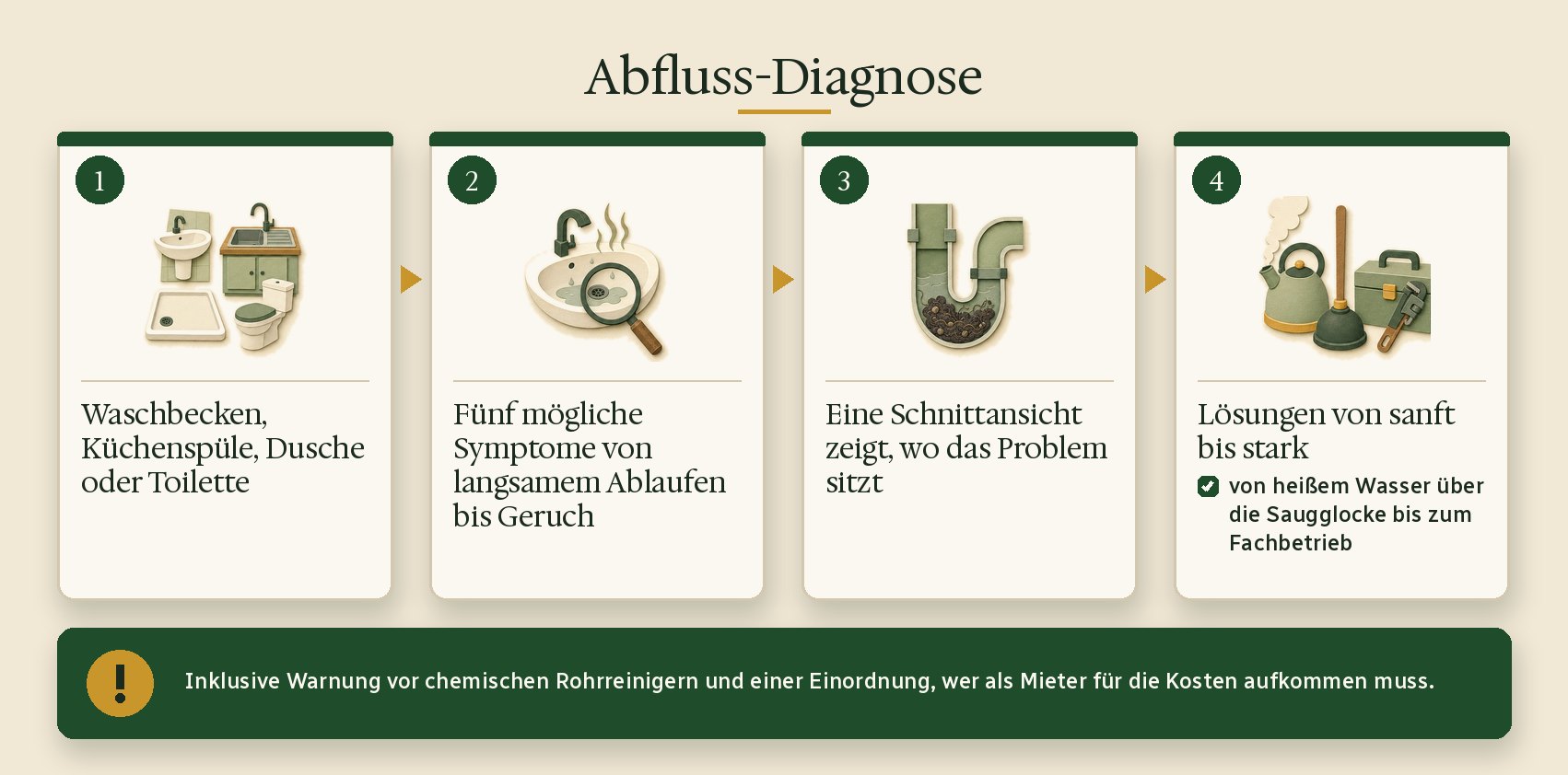 Abfluss-Diagnose: Waschbecken, Küchenspüle, Dusche oder Toilette, Symptome, Schnittansicht, Lösungen von sanft bis stark