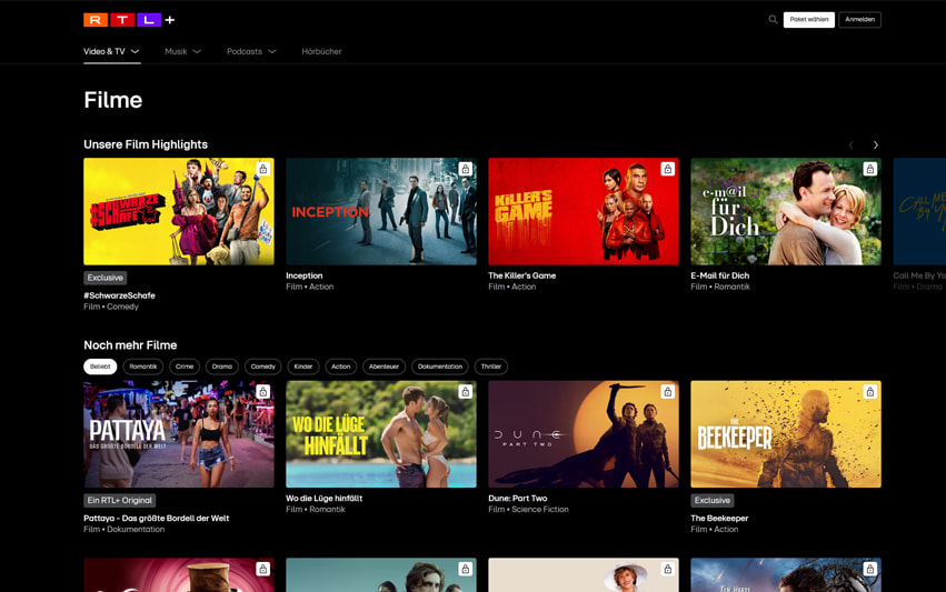 Das Filmangebot bei RTL+