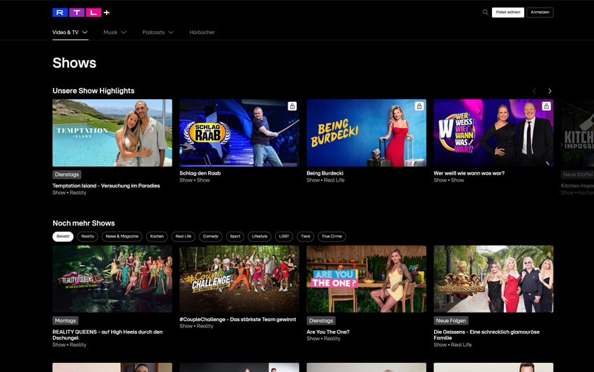 Das Angebot an Serien bei RTL+