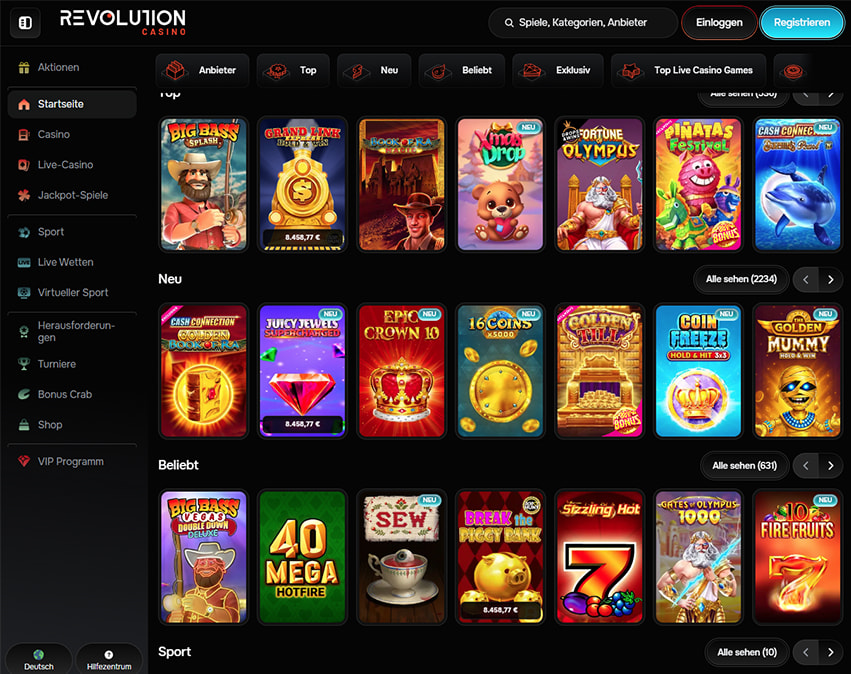 Bild der Startseite des Rvolution Online Casinos.