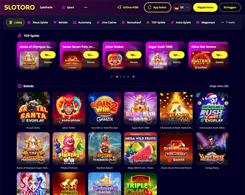 Bild der Startseite des Slotoro Online Casinos.