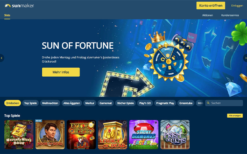 Bild der Startseite des Sunmaker Online Casino.