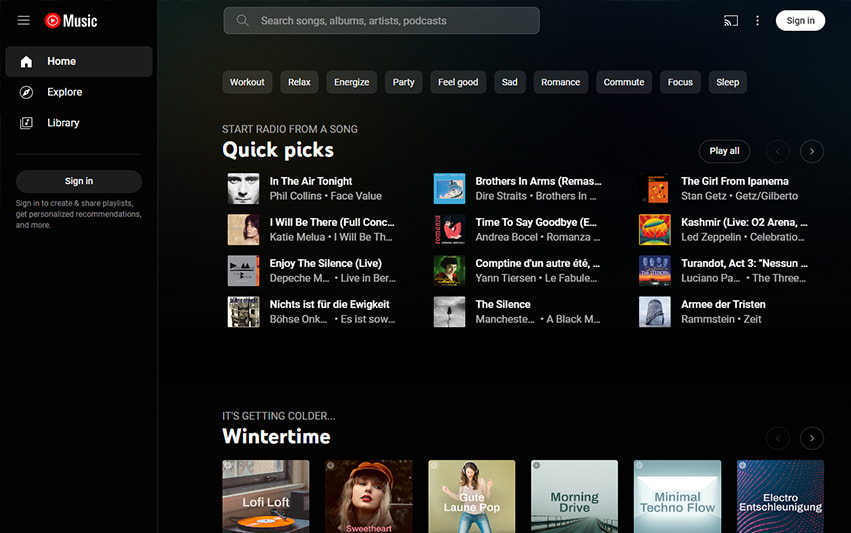 Die Desktop-Startseite von YouTube Music.