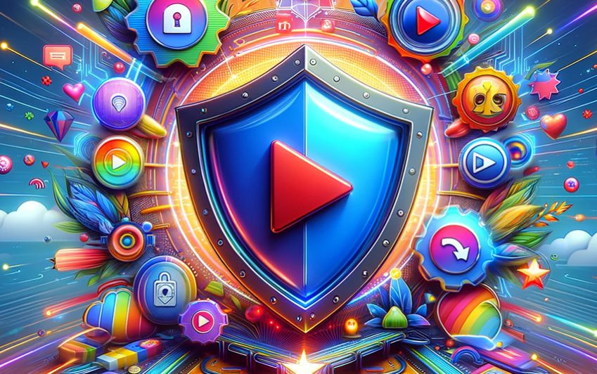 Illustration eines Play-Buttons mit Symbolen für legales und sicheres Streaming.