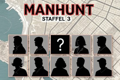 Die Silhouetten der Teilnehmer der 3. Staffel 'Manhunt' vor einer Karte von New York.