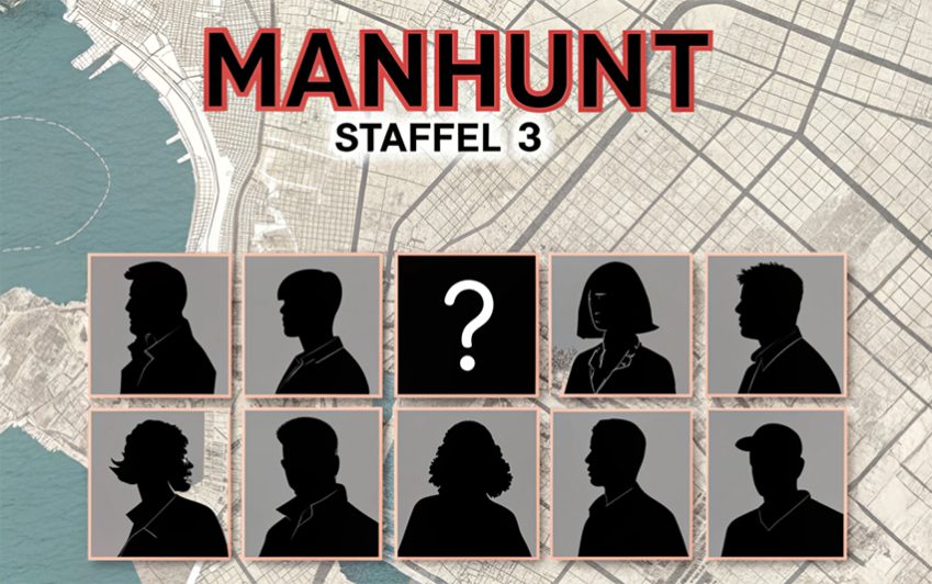 Die Silhouetten der Teilnehmer der 3. Staffel 'Manhunt' vor einer Karte von New York.