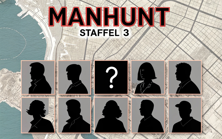 Die Silhouetten der Teilnehmer der 3. Staffel 'Manhunt' vor einer Karte von New York.