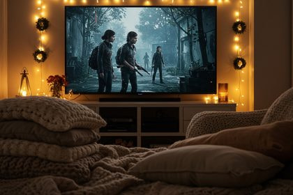 Ein gemütliches Wohnzimmer mit einem Sofa, einem Kamin und einem Fernseher.