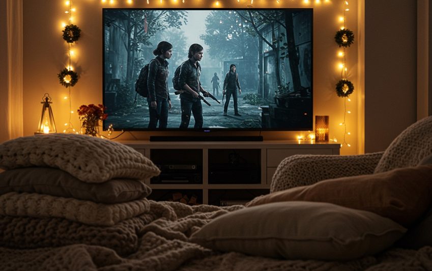 Ein gemütliches Wohnzimmer mit einem Sofa, einem Kamin und einem Fernseher.