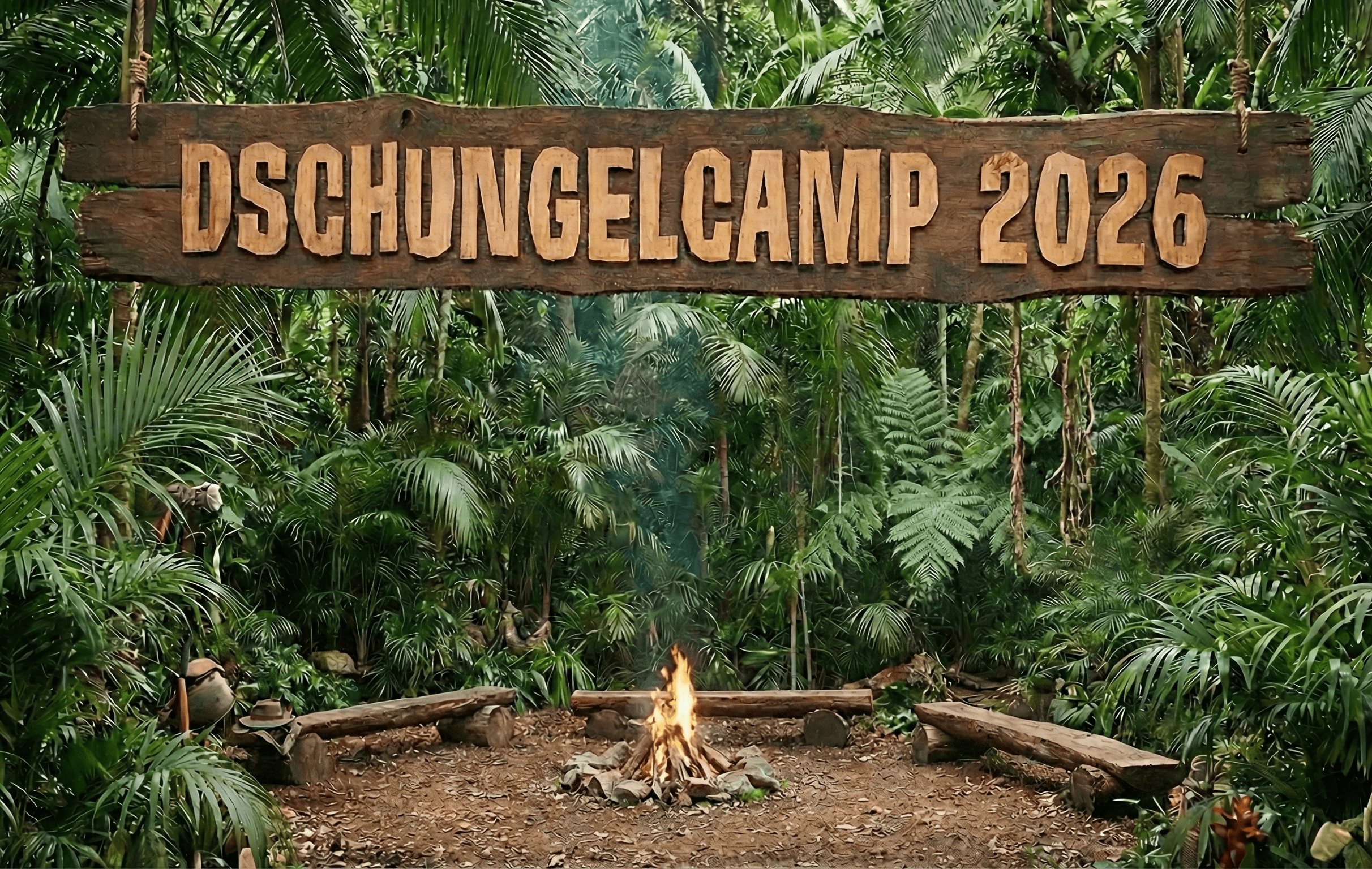 Das Setup des Dschungelcamps mit dem Lagerfeuer und Sitzbänken drum herum.