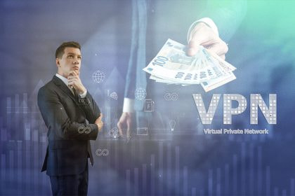 Ein grübelnder Mann neben dem Wort VPN.