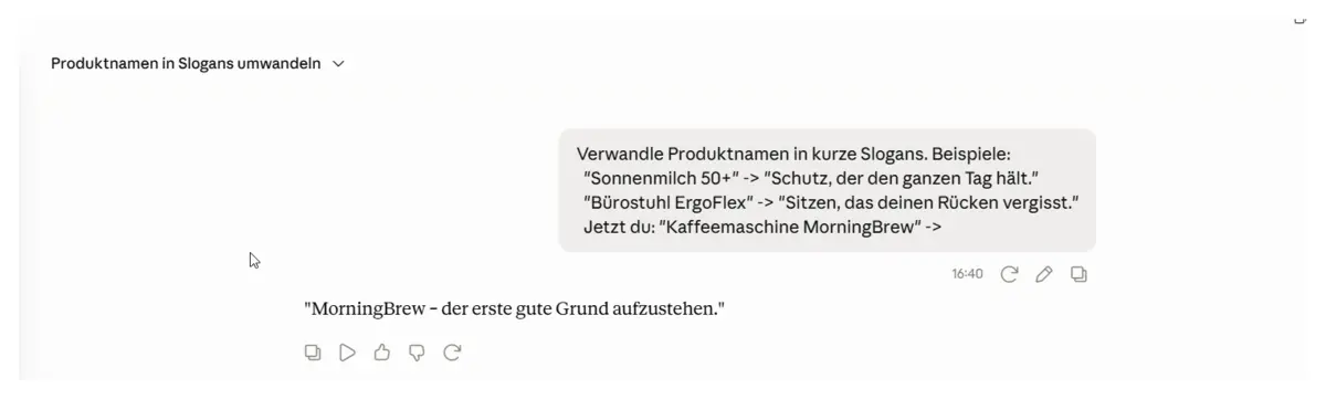 Few-Shot-Prompt in Claude: Aus zwei Slogan-Beispielen erzeugt die KI auf Anhieb einen passenden Slogan für eine Kaffeemaschine.