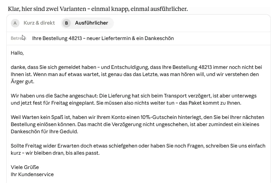 Von der KI in zwei Varianten entworfene Kundenservice-E-Mail als Antwort auf eine Beschwerde über eine verspätete Lieferung.