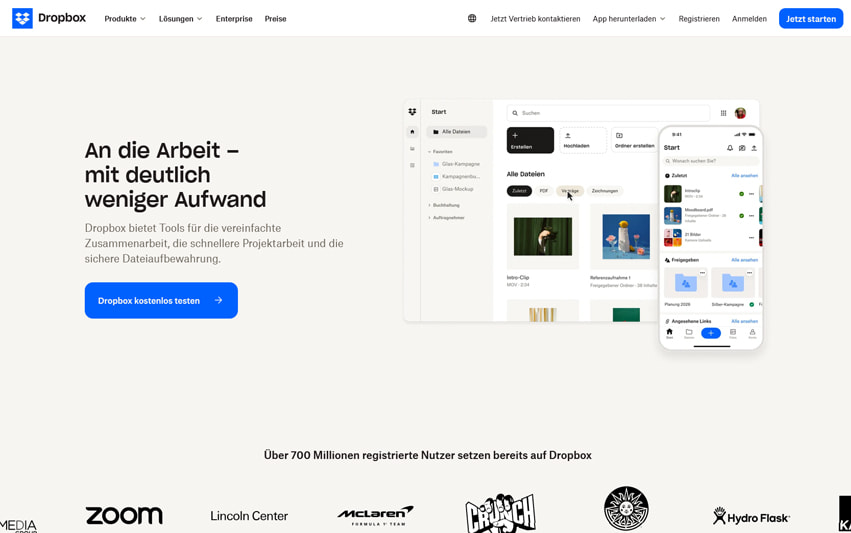 Bild von der Startseite des Cloud-Speicher Anbieters Dropbox