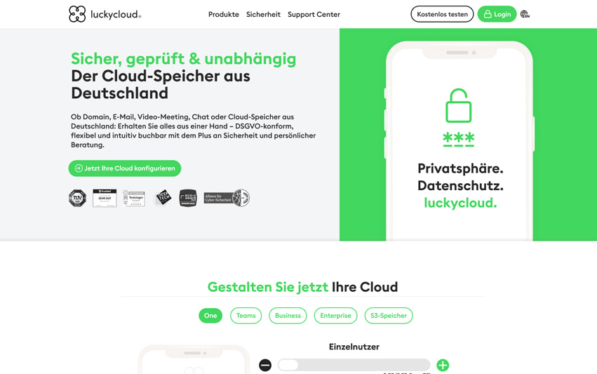 Bild von der Startseite des Cloud-Speicher Anbieters luckycloud