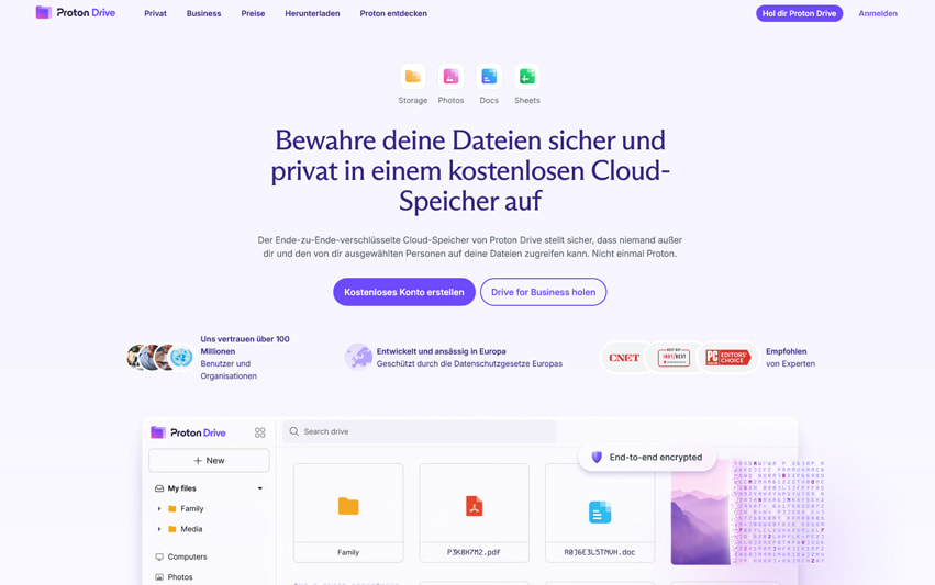 Bild von der Startseite des Cloud-Speicher Anbieters Proton Drive