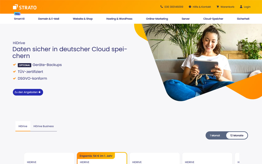 Bild von der Startseite des Cloud-Speicher Anbieters Strato HiDrive