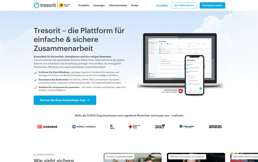 Bild von der Startseite des Cloud-Speicher Anbieters Tresorit